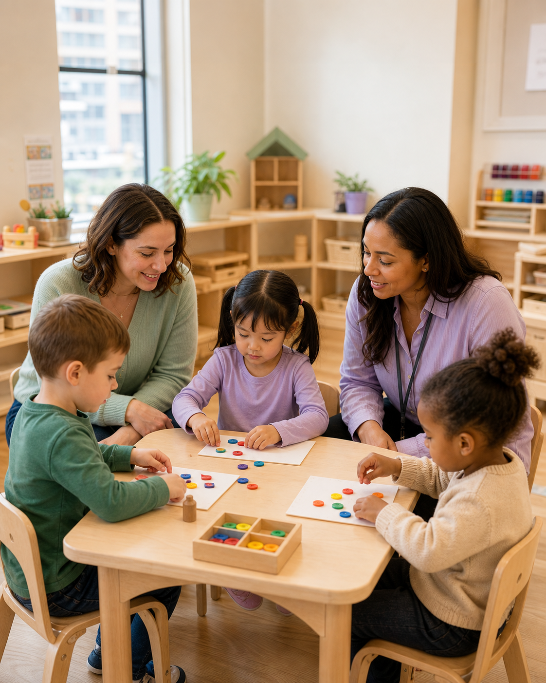 Two educators supporting three preschoolers during a structured classroom activity